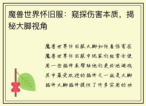 魔兽世界怀旧服：窥探伤害本质，揭秘大脚视角